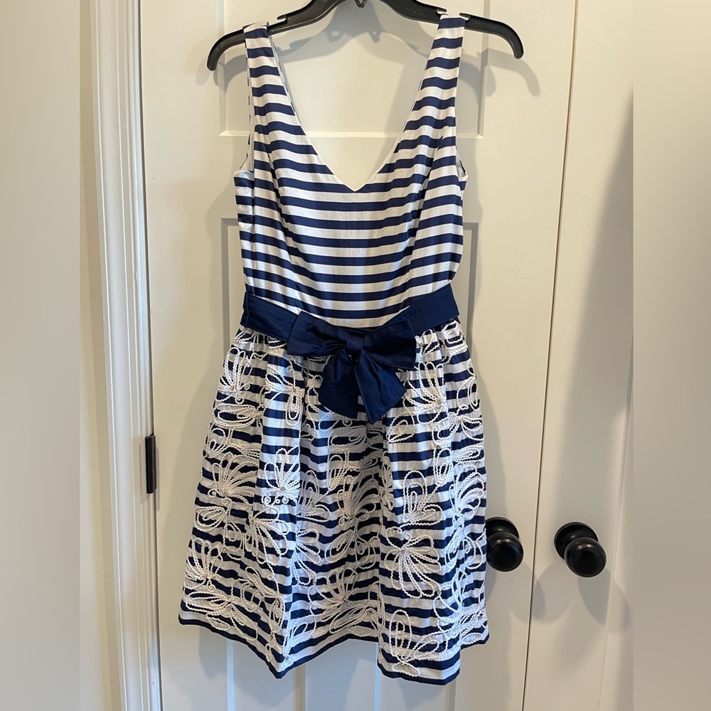 Lilly Pulitzer Navy Blue Striped Floral V-Neck Dress (Roswell)